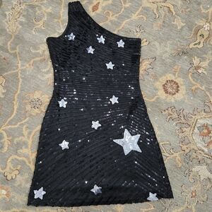 Black One-Shoulder Dress with Silver Star Accents